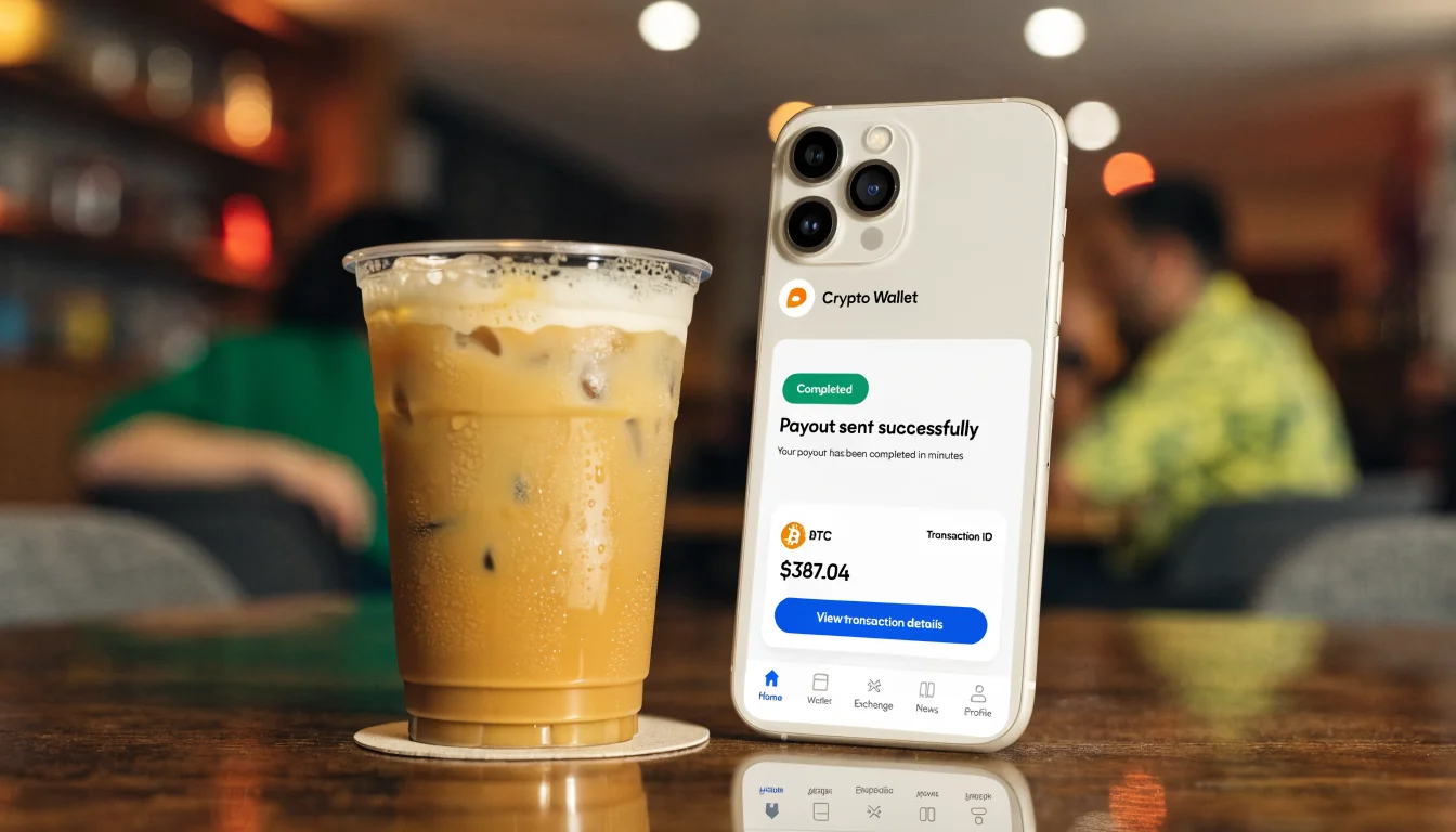 Smartphone showing fast crypto withdrawal with coffee on table