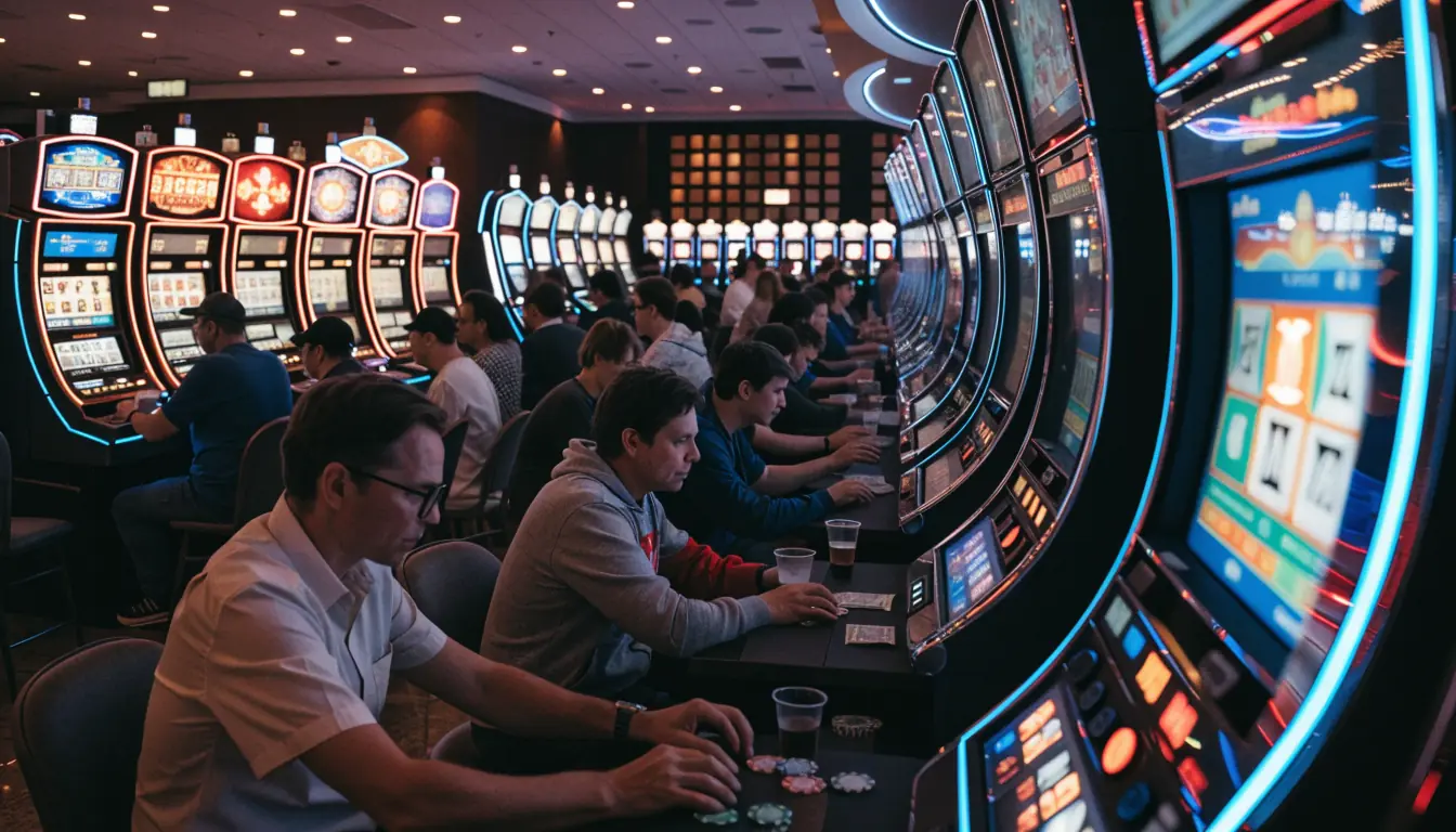 Australian casino floor crowded with colorful slot machines.