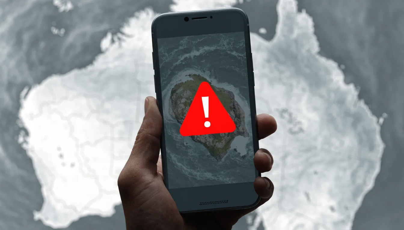 Phone with warning sign over map of Australia.