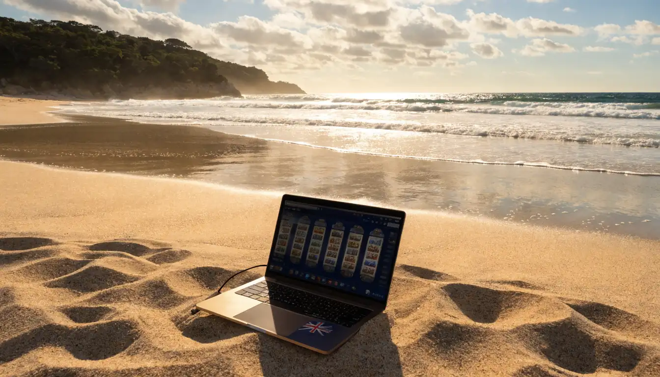 Australian beach with laptop showing pokies game