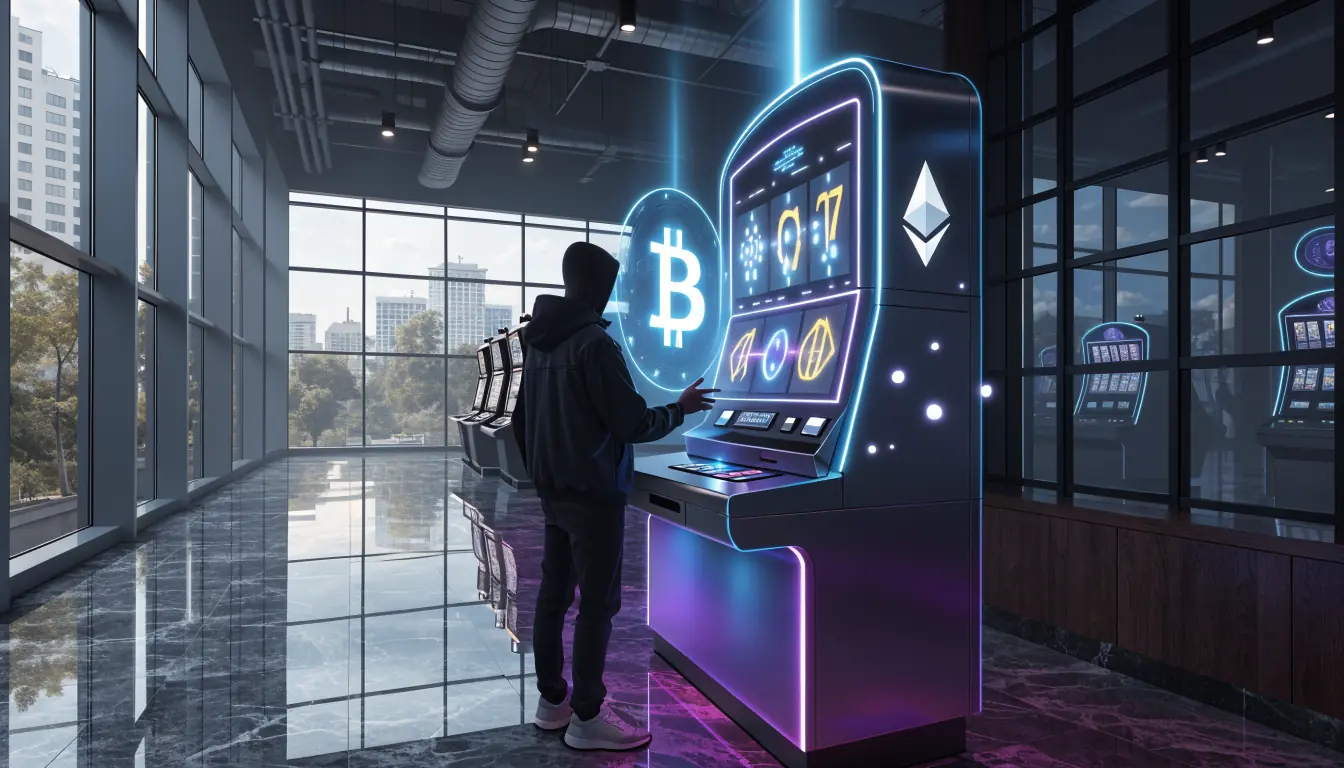 Futuristic crypto casino with holographic slot machine