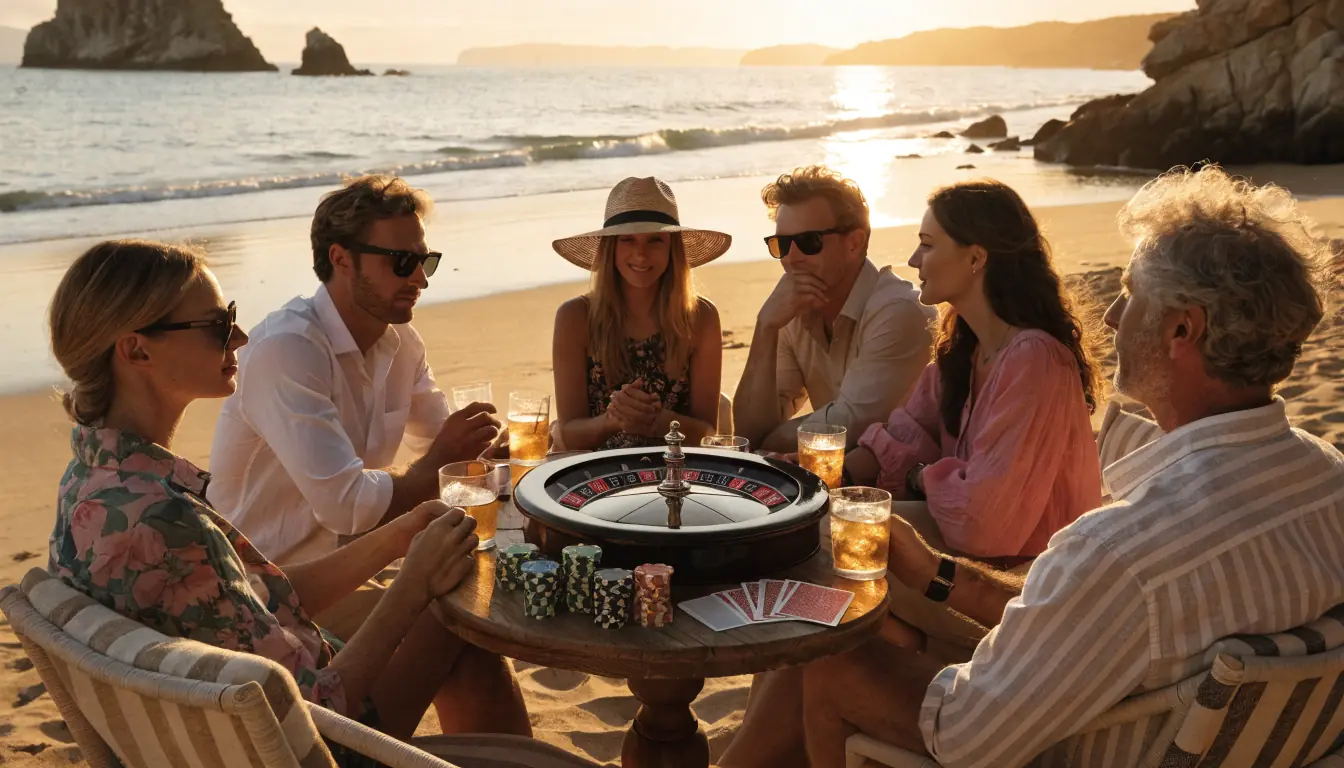 Australian beach sunset with casino chips, cards and roulette wheel