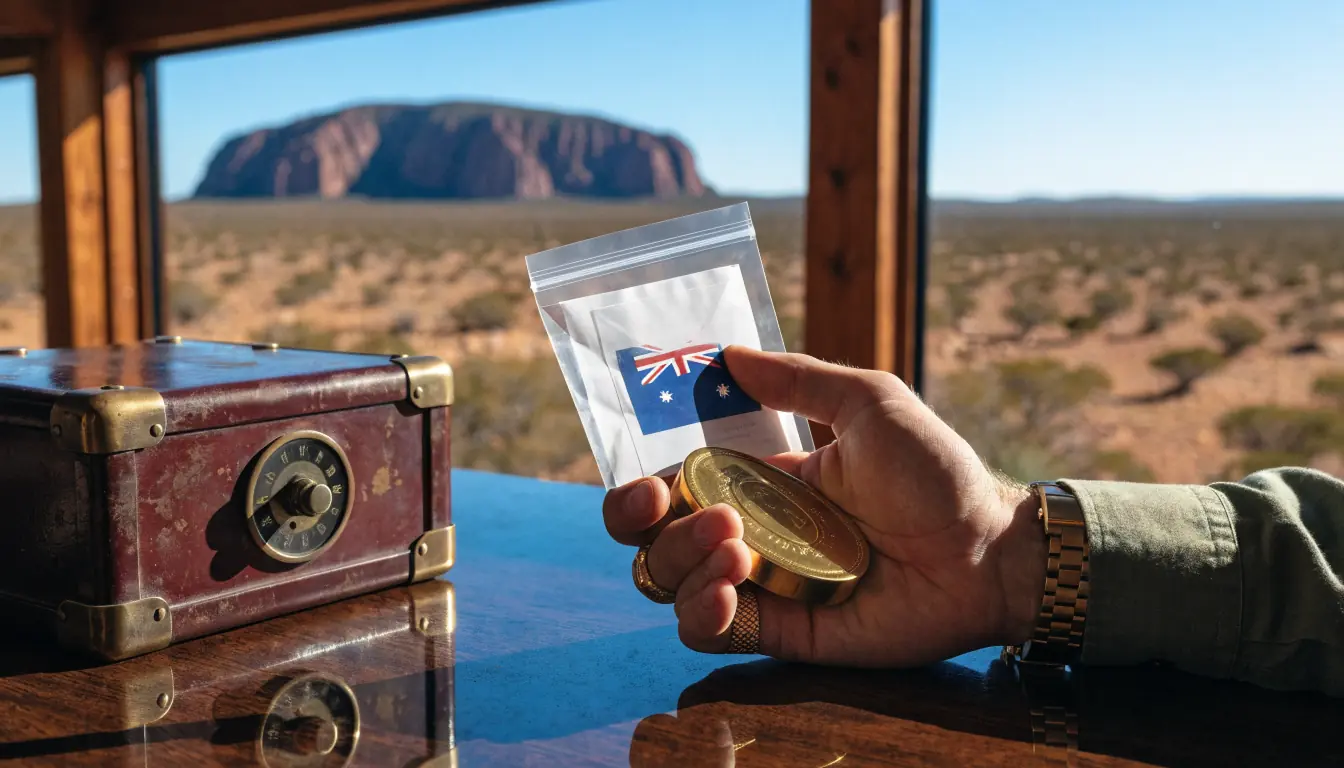 Hand holding golden casino token and sealed envelope with Australian motif